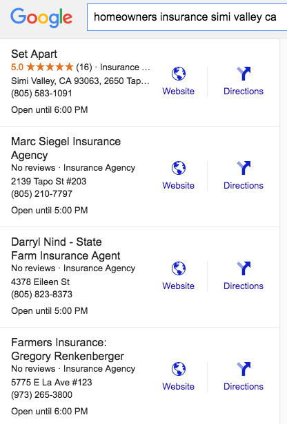 Example of a local search result for homeowners insurance