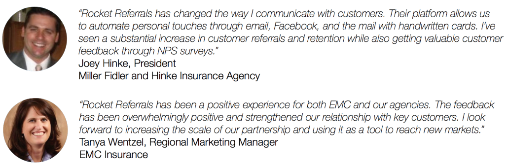 Testimonials from insurance agents that use Rocket Referrals