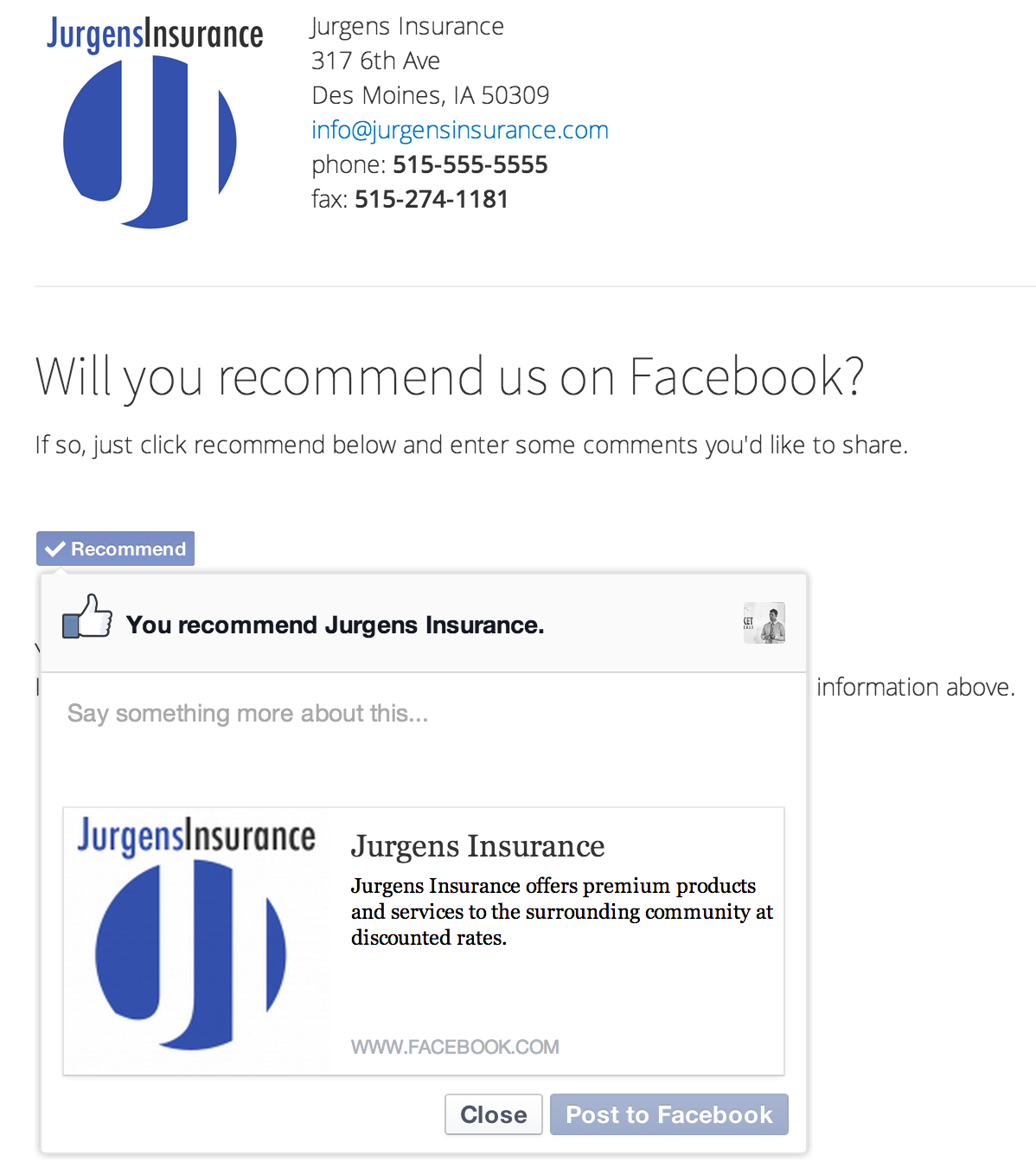 Demonstrates how a customer can recommend an agency on Facebook.